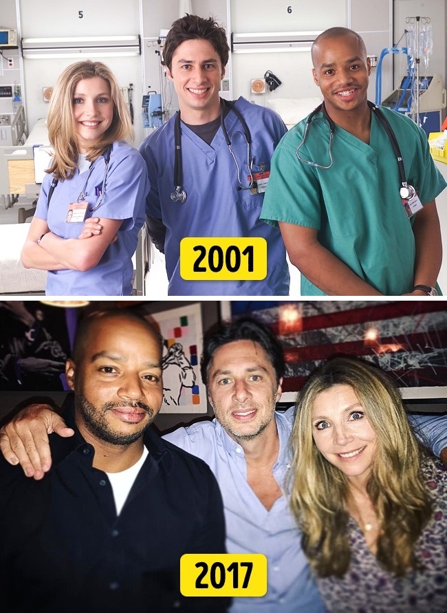 12. Sarah Chalke, Zach Braff, Donald Faison ("Dokik", 2001 és 2017)