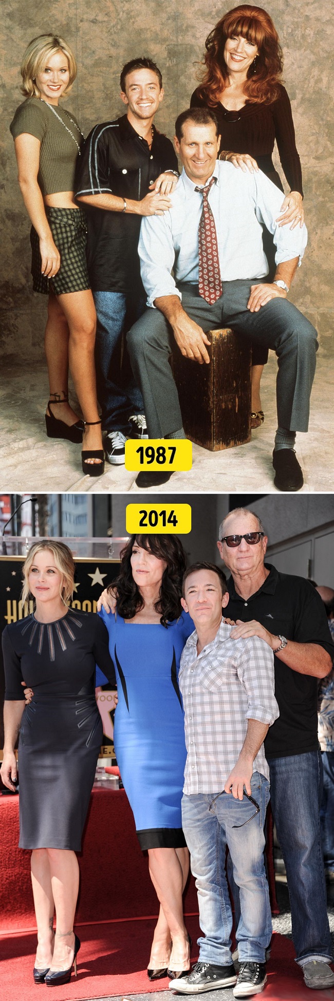 15. Katey Sagal, Ed O'Neill, Christina Applegate, David Faustino ("Egy rém rendes család", 1987 és 2014)